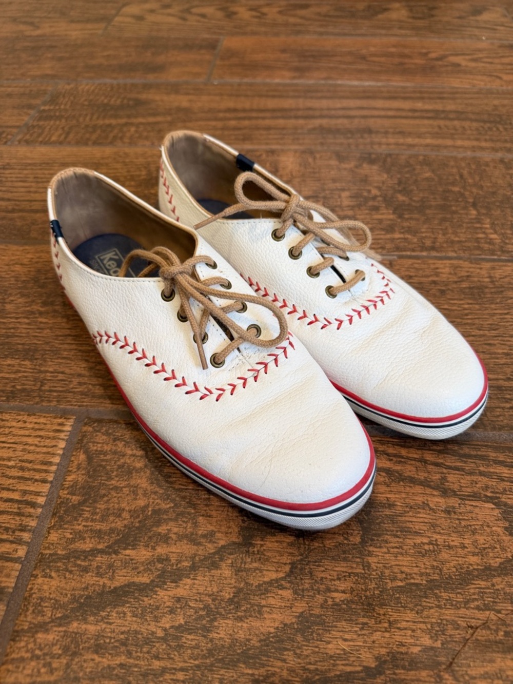 Keds White Sneakers with Red Stitching and Tan Laces